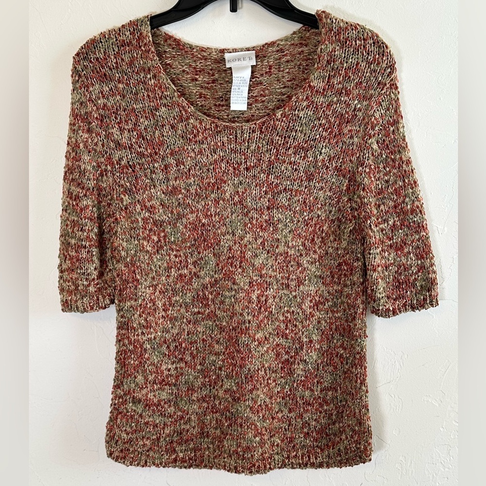 Vintage Koret Scoop Neck Woven Boho Autumn Colors Short Sleeve Artsy Top Sz M